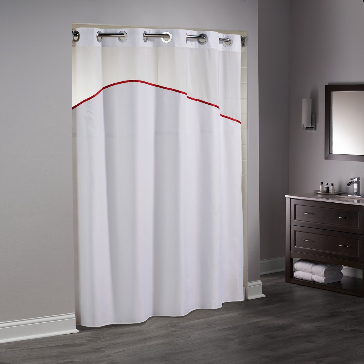 Red Roof Swosh Shower Curtain, w/ Window, 71x74