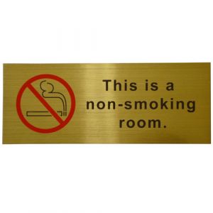 No Smoking Door Sign, 6.5"x2.5" Gold/Black, Plastic